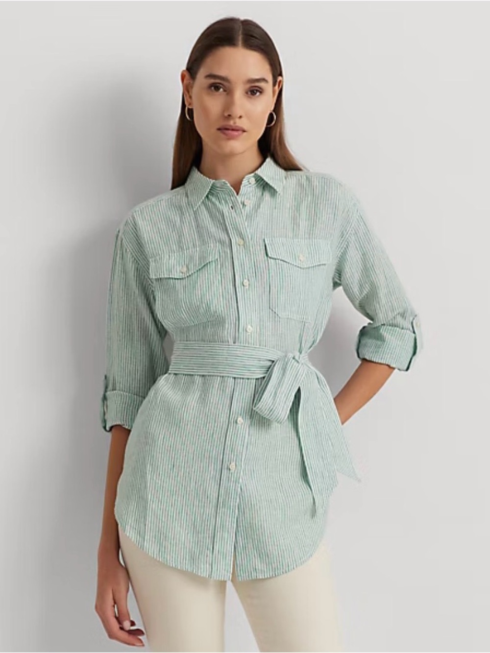 Ralph Lauren Relaxed Fit Striped Belted Linen Shirt NWOT Size Large